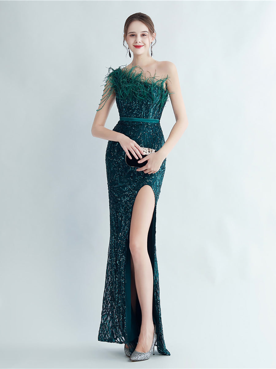 One Shoulder Feather Beads Chain Sequin Black Prom Dress M02337