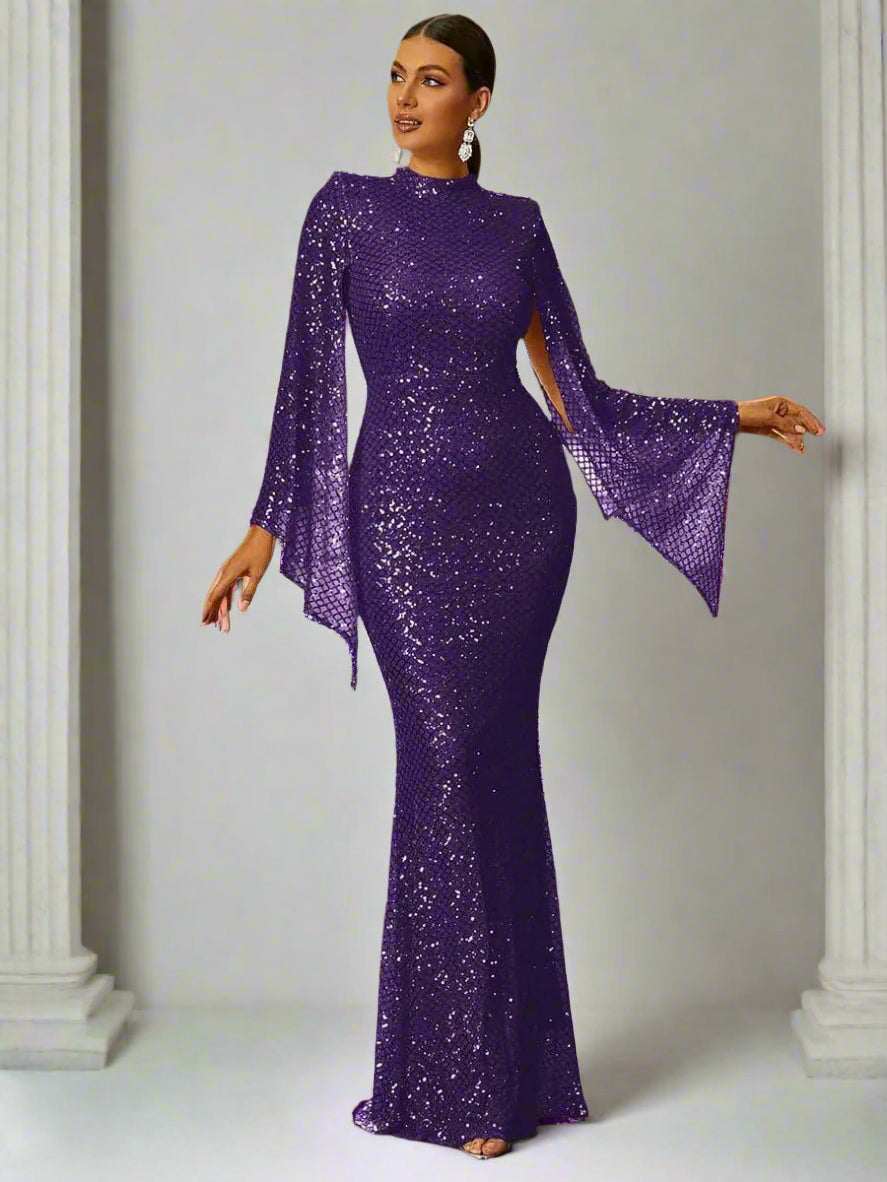 High Neck Sequin Bell Sleeve Mermaid Evening Dress XJ1263