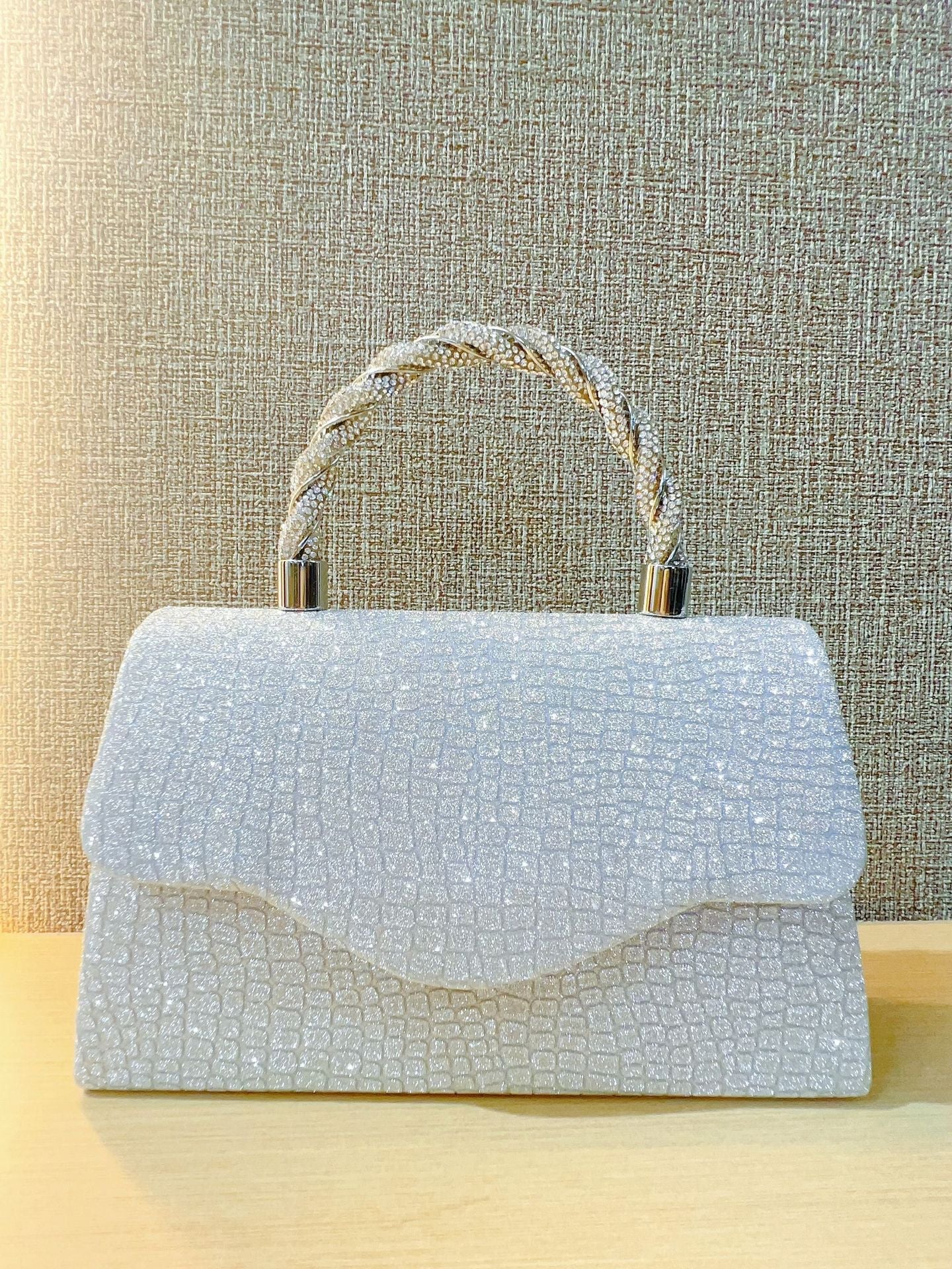 Glitter Textured Clutch with Crystal Top Handle MNBF141