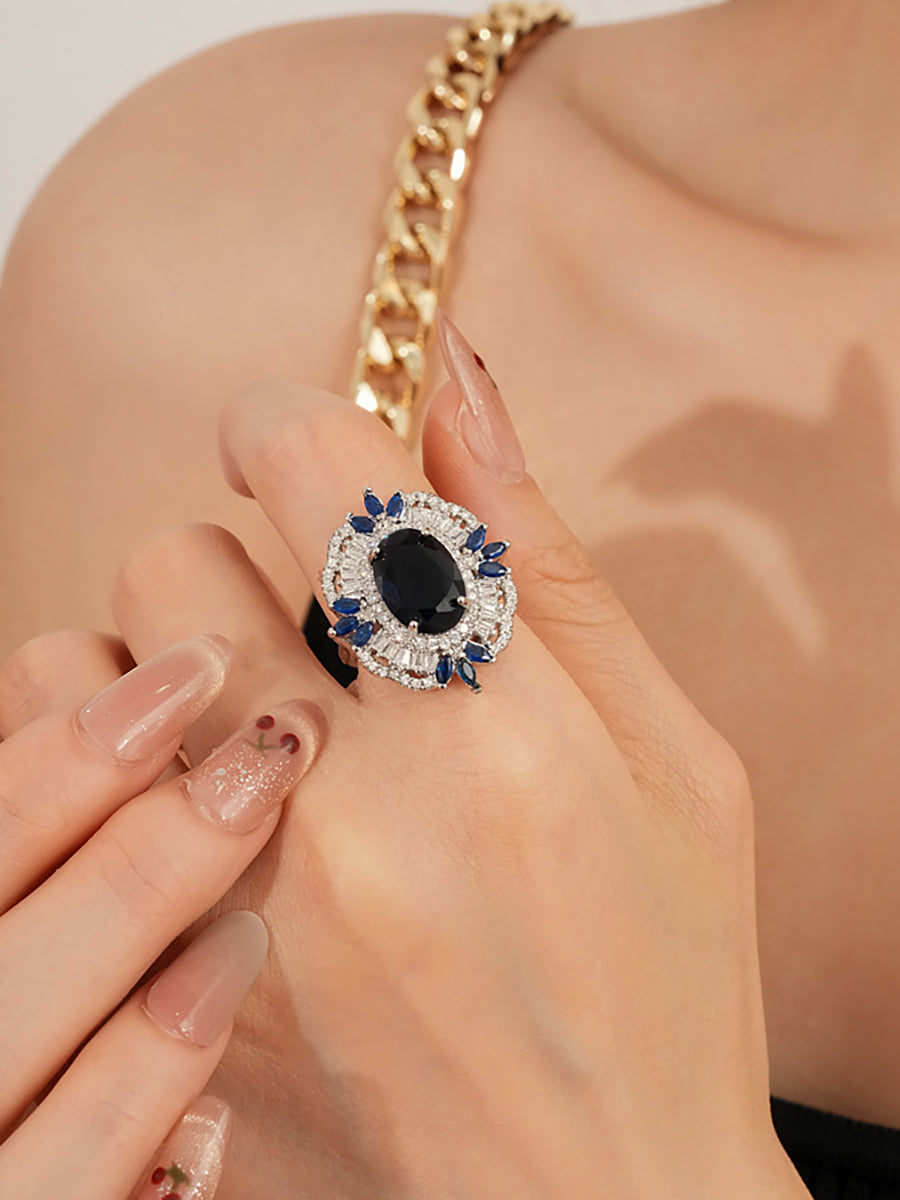 Oval Sapphire Blue Crystal Zircon Halo Ring MOZ1023