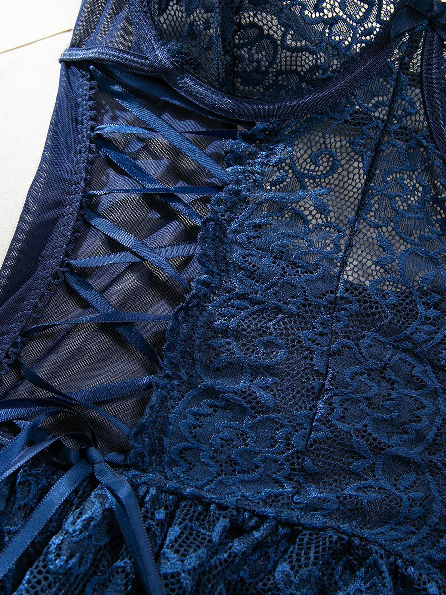 Blue Sexy Lace Embroidery Two-piece Set MSL103
