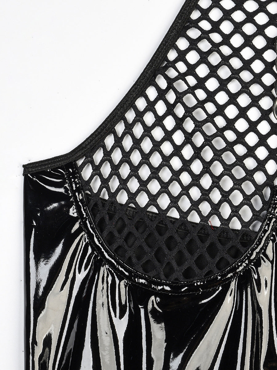 Sexy PU Mesh Halter Skirt Belt bodysuit MSL105