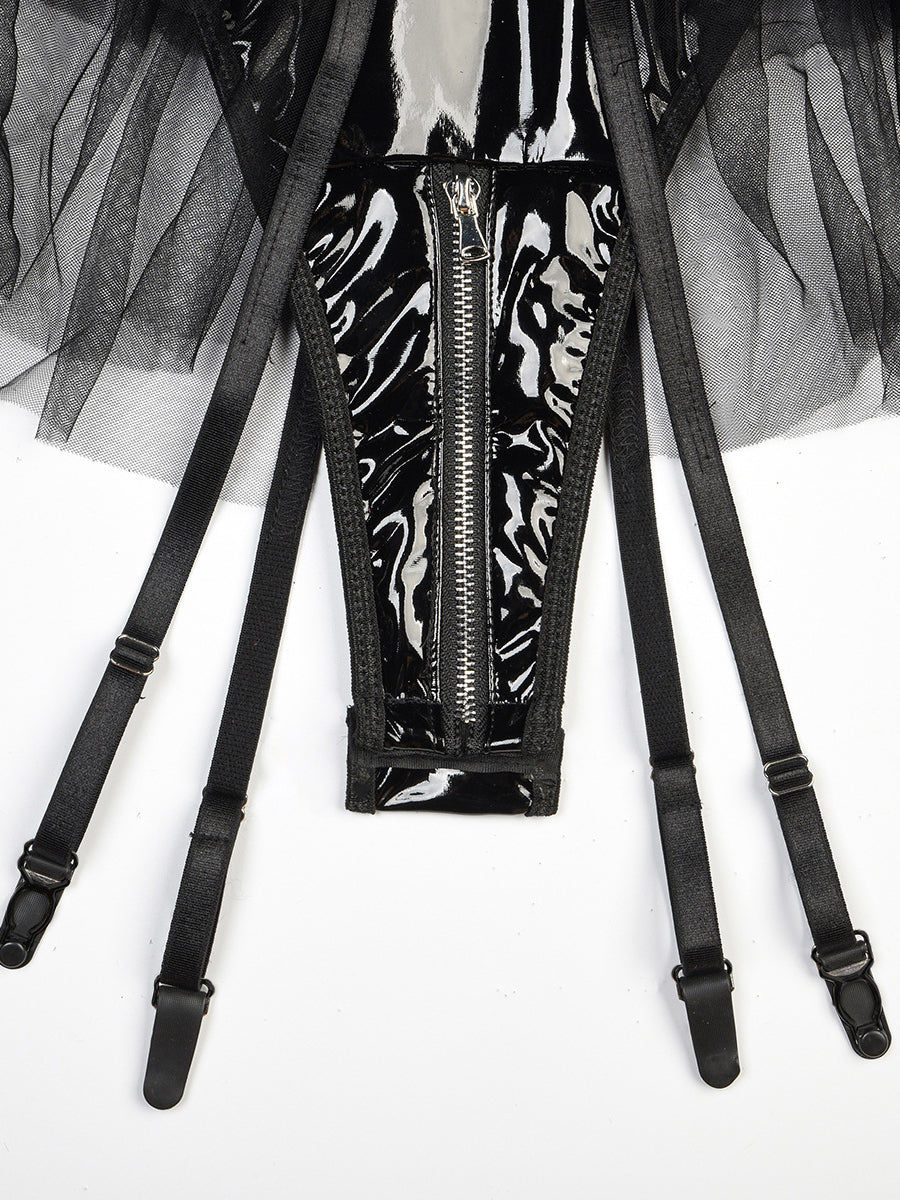 Sexy PU Mesh Halter Skirt Belt bodysuit MSL105