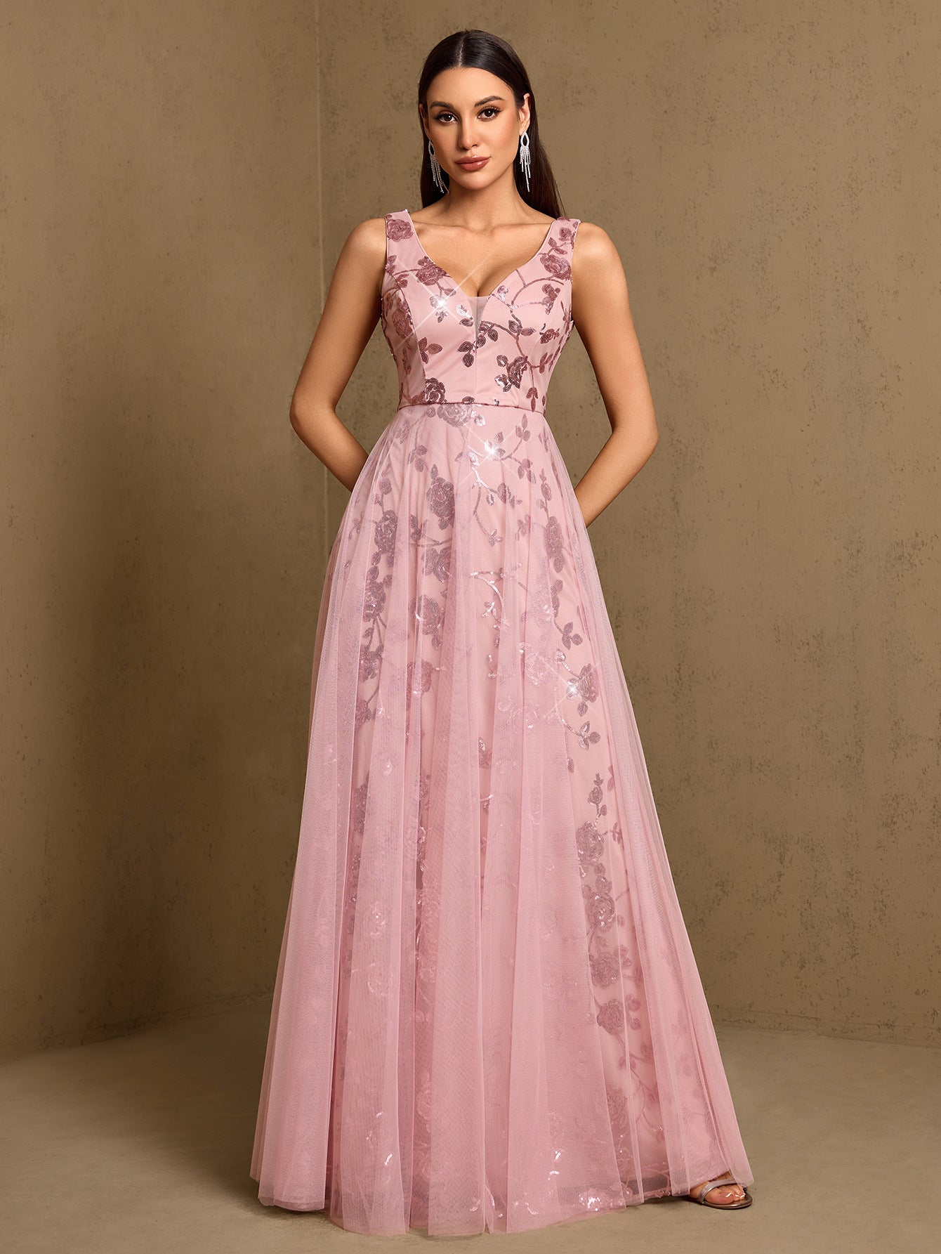 Pink Sequin Floral A-line Formal Dress XF251365