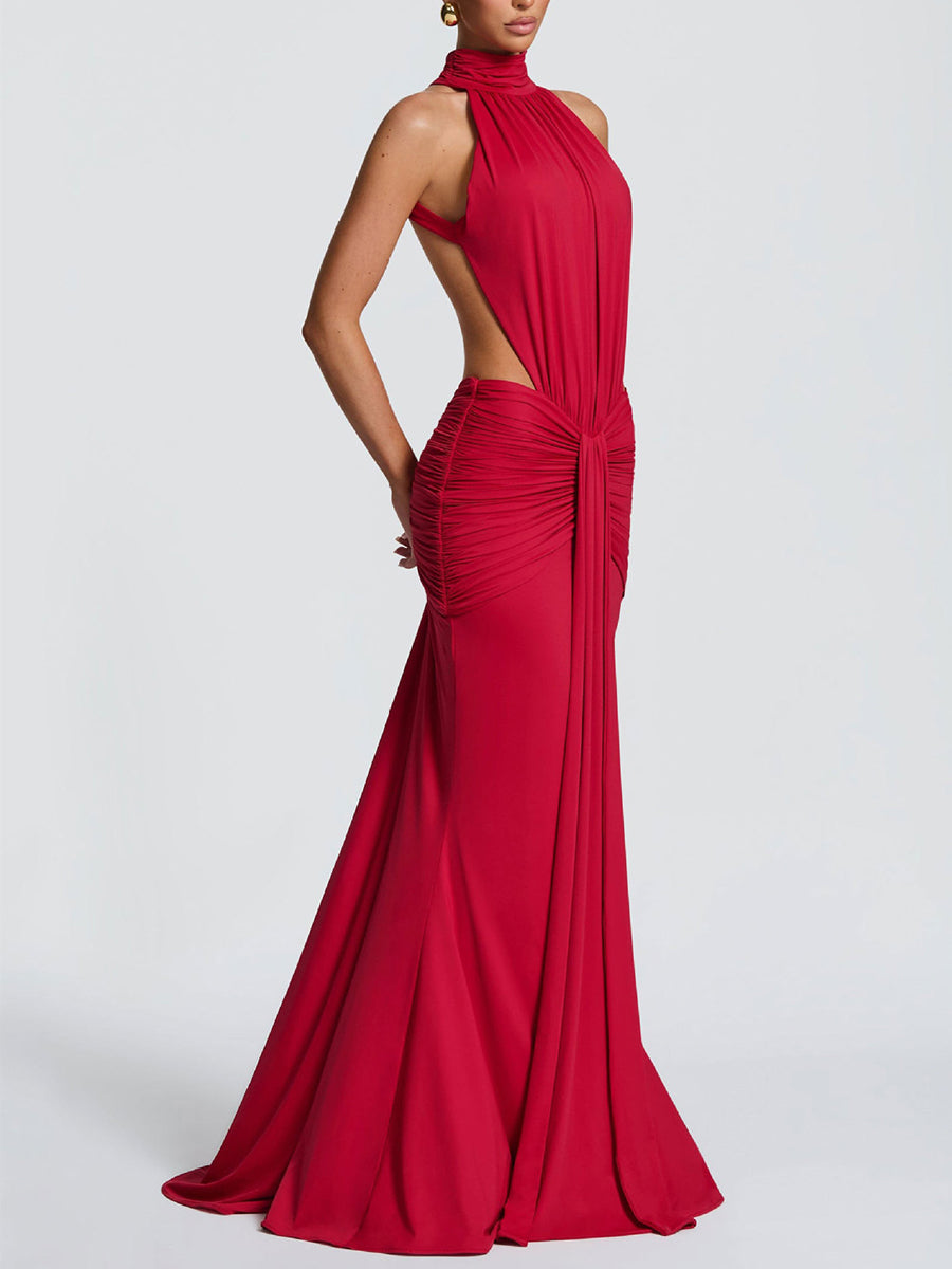 Halter Backless Cutout Ruched Mermaid Evening Dress XF251340