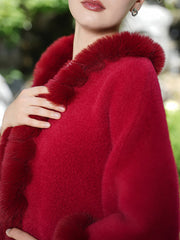 Short Elegant Faux Fur Trim Knitted Poncho Shawl MSF040
