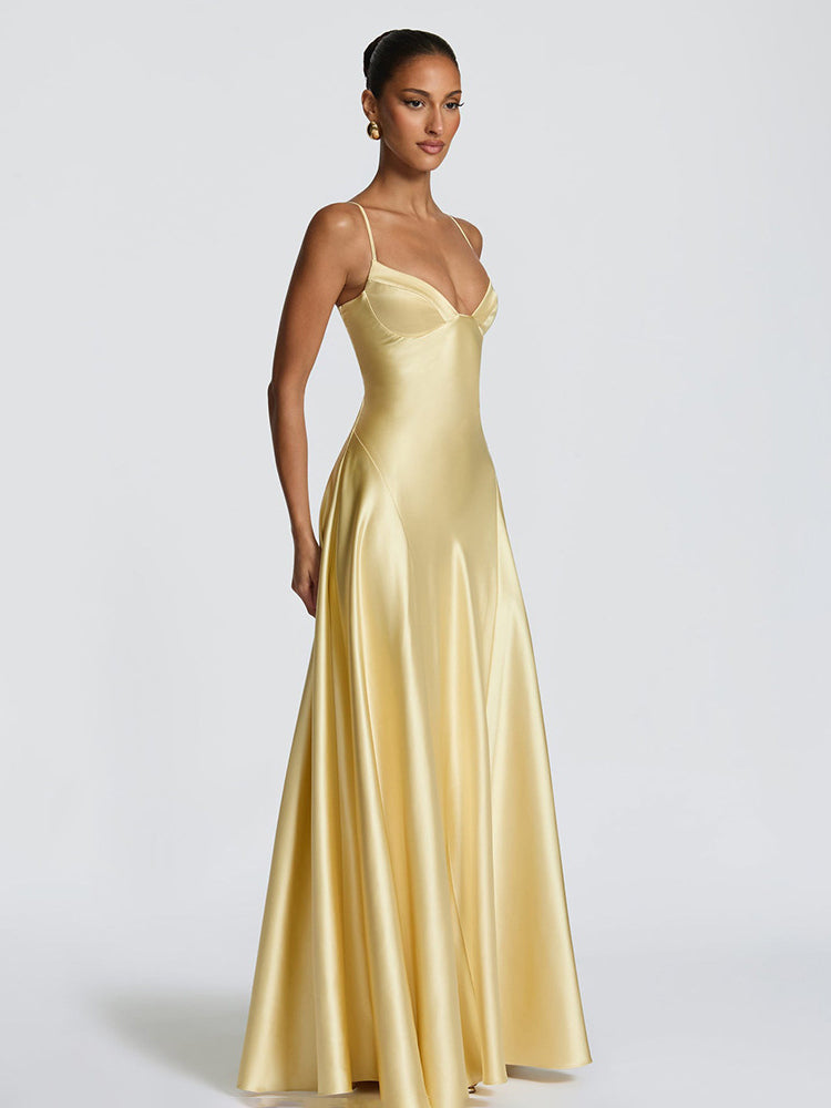 Spaghetti V Neck Satin Flowy Maxi Dress