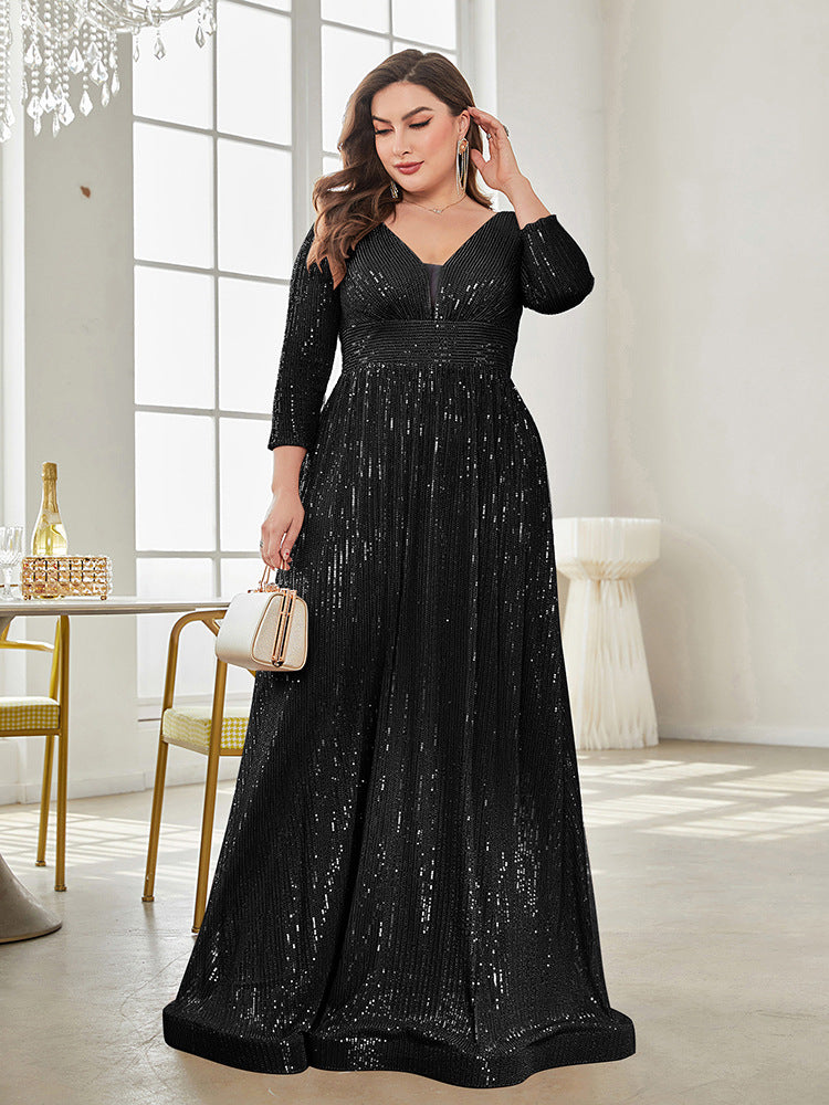 Long Sleeve V-neck Sequin Wedding Guest Dress MYC2040