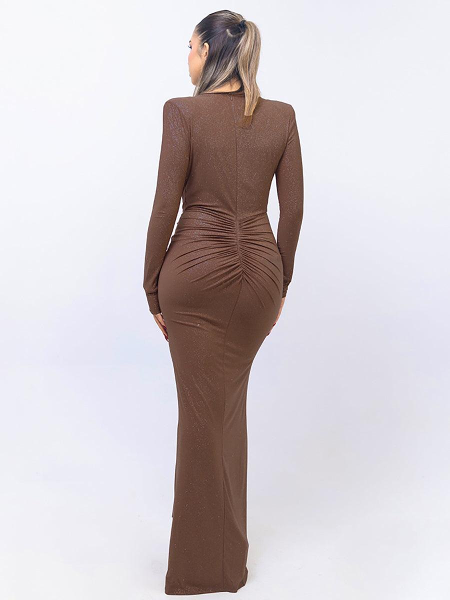 Plung Long Sleeve Ruched Solid Prom Dress MYC2022