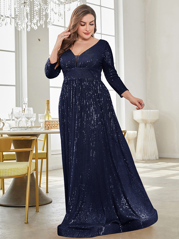 Long Sleeve V-neck Sequin Wedding Guest Dress MYC2040