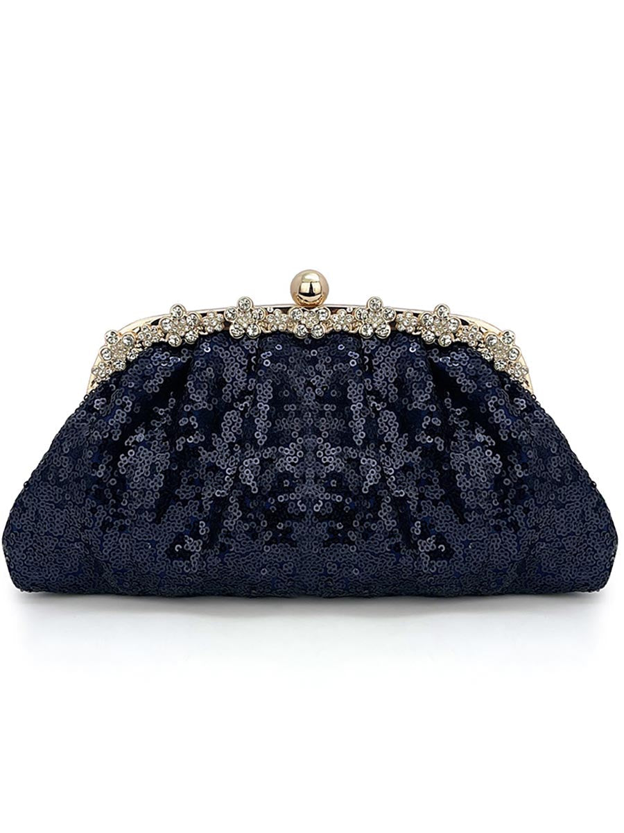 Navy Sequin Rhinestone Trim Ruched Clutch MNBF125