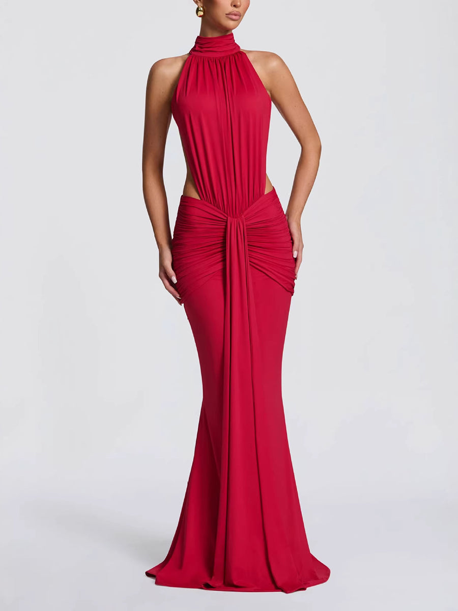 Halter Backless Cutout Ruched Mermaid Evening Dress XF251340