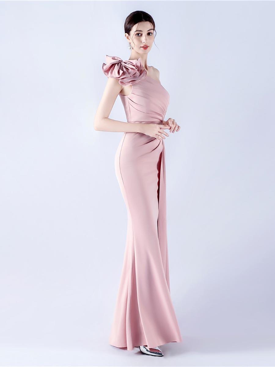 One Shoulder Flower Pleated Draped Prom Dress MYN1002
