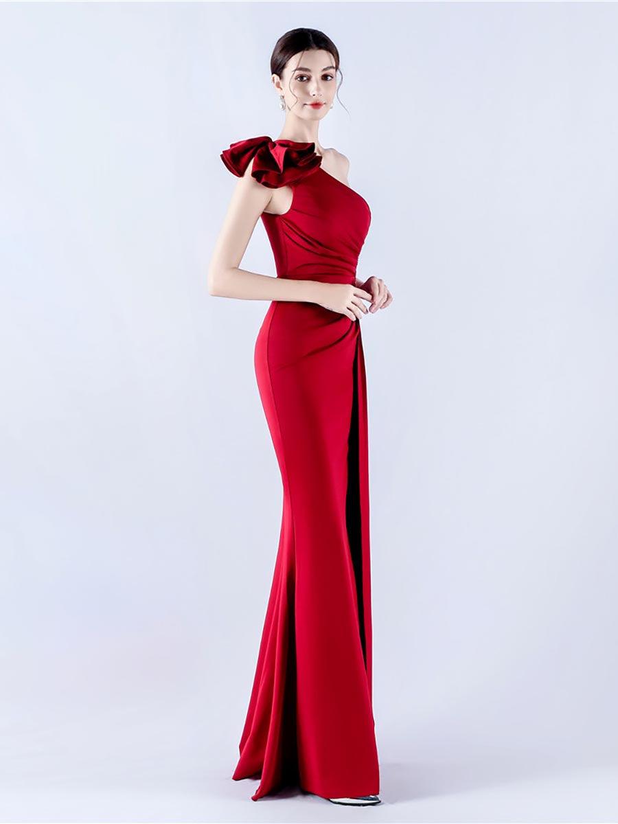 One Shoulder Flower Pleated Draped Prom Dress MYN1002