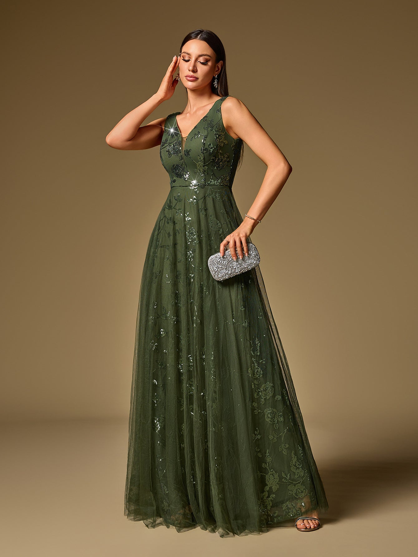 Pink Sequin Floral A-line Formal Dress XF251365