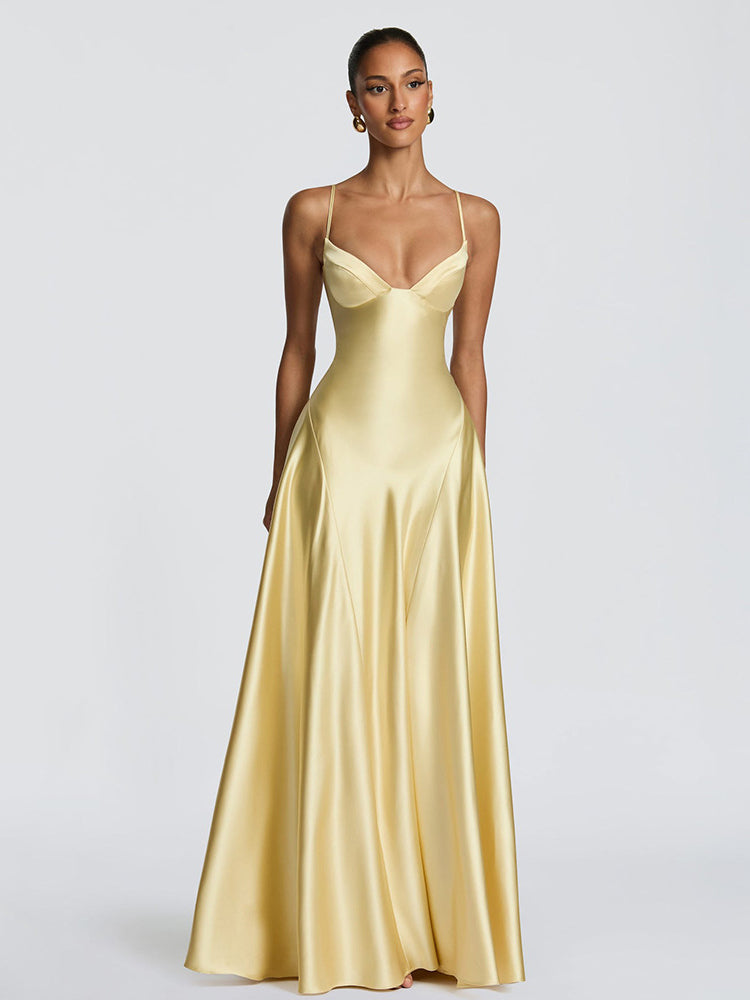 Spaghetti V Neck Satin Flowy Maxi Dress