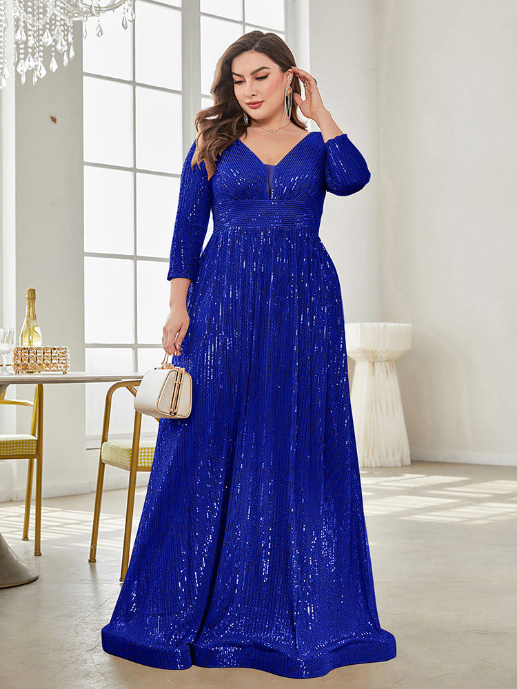 Long Sleeve V-neck Sequin Wedding Guest Dress MYC2040