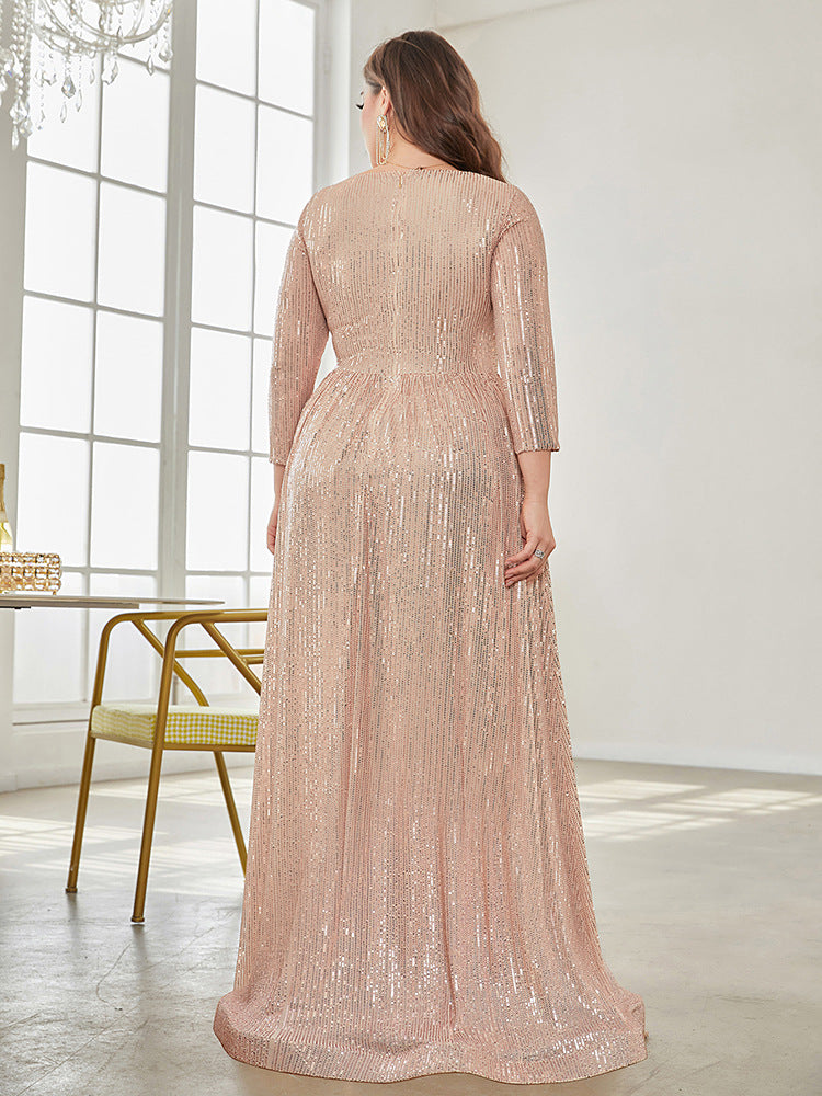 Long Sleeve V-neck Sequin Wedding Guest Dress MYC2040