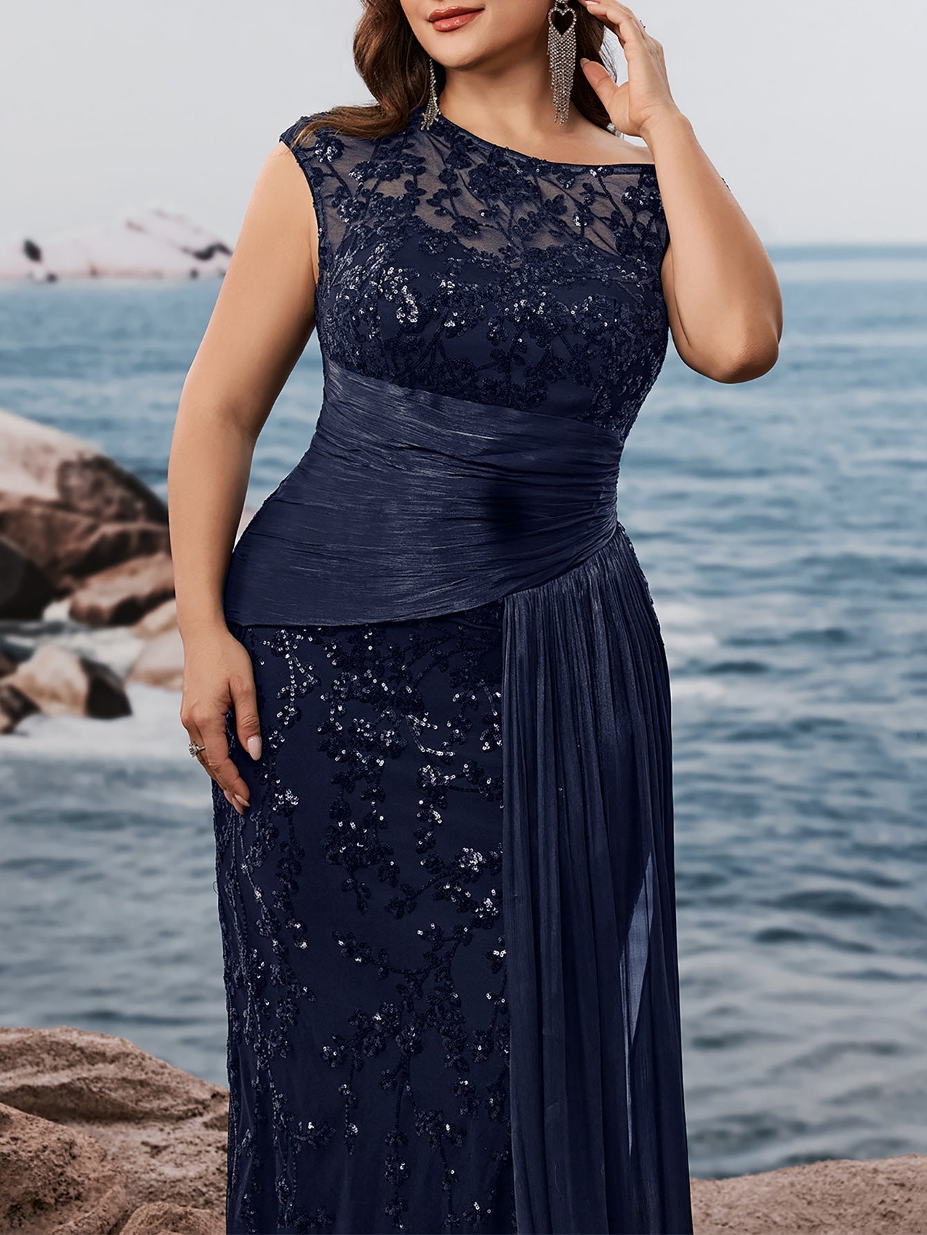Fawn Plus Black Sequin One-Shoulder Dress