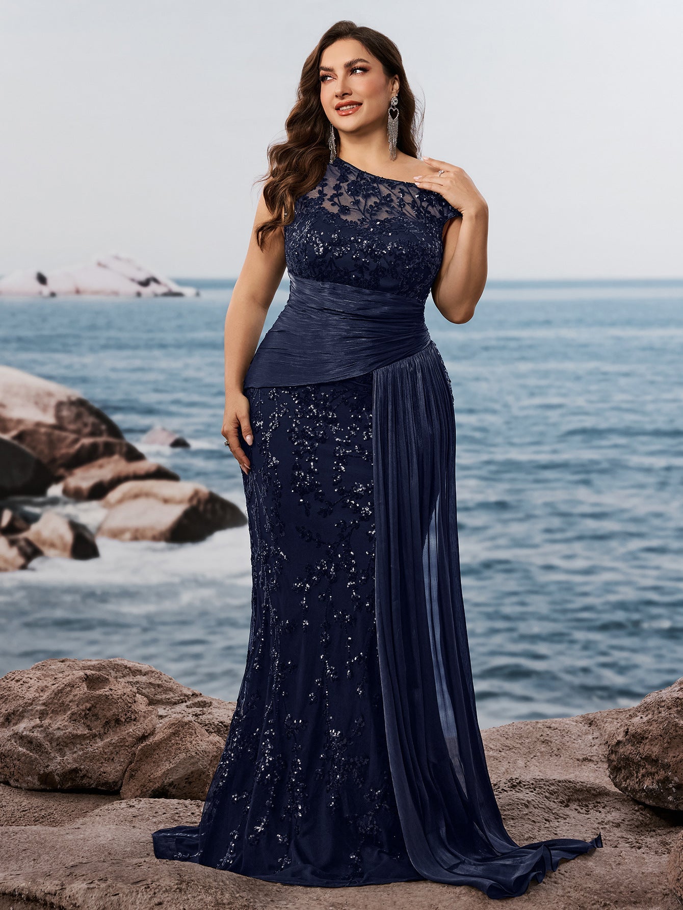 Fawn Plus Black Sequin One-Shoulder Dress