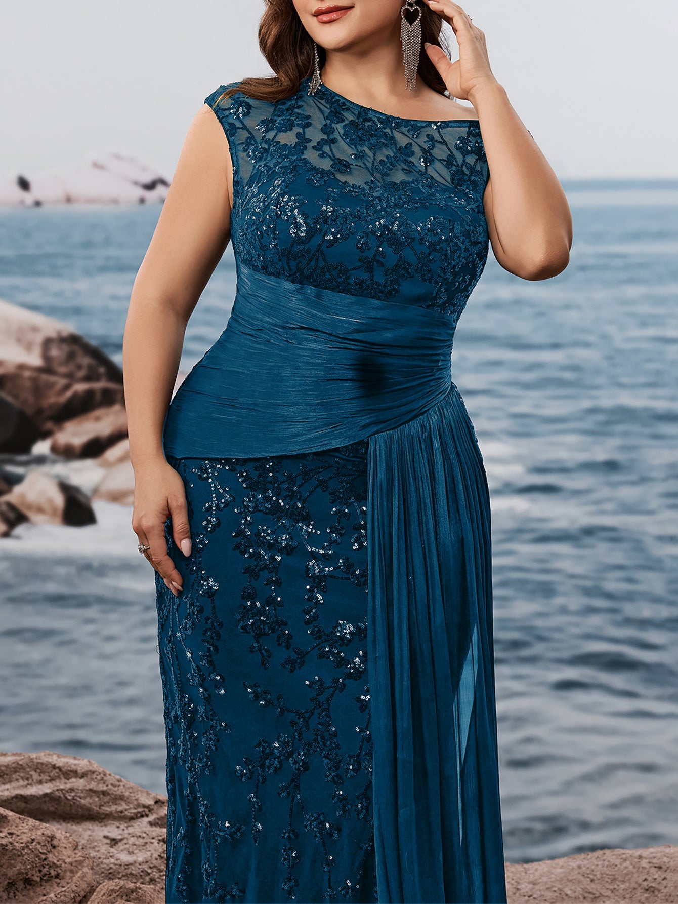 Fawn Plus Black Sequin One-Shoulder Dress