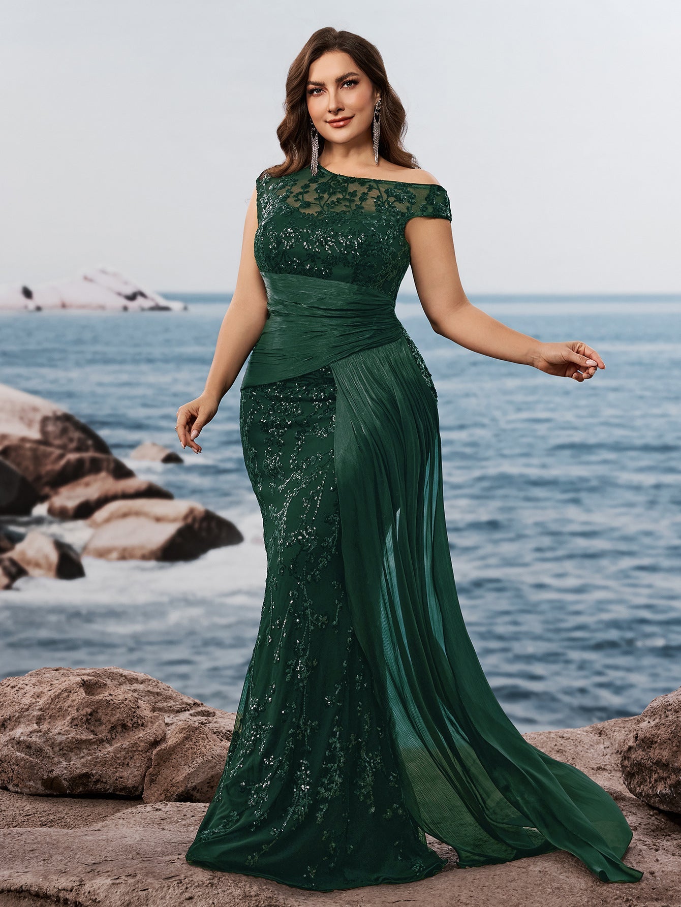Fawn Plus Black Sequin One-Shoulder Dress