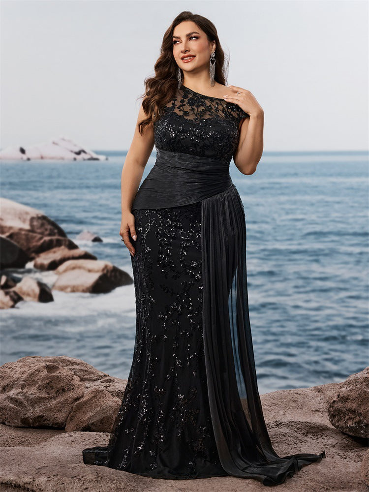 Fawn Plus Black Sequin One-Shoulder Dress