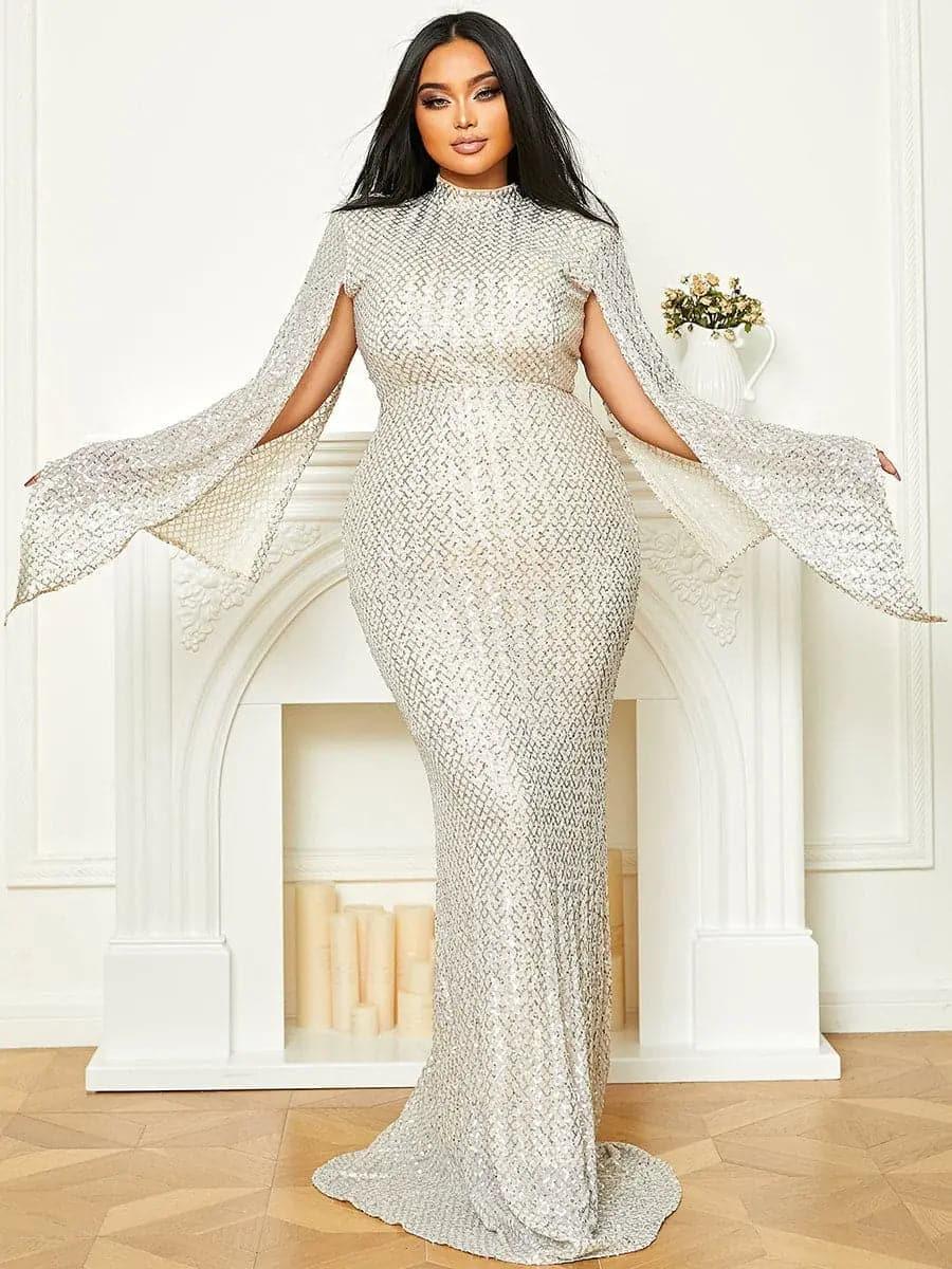 High Neck Sequin Bell Sleeve Mermaid Evening Dress XJ1263