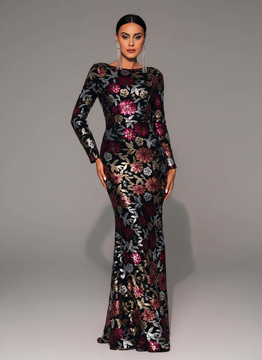Crew Neck Floral Sequin Dress RJ10987