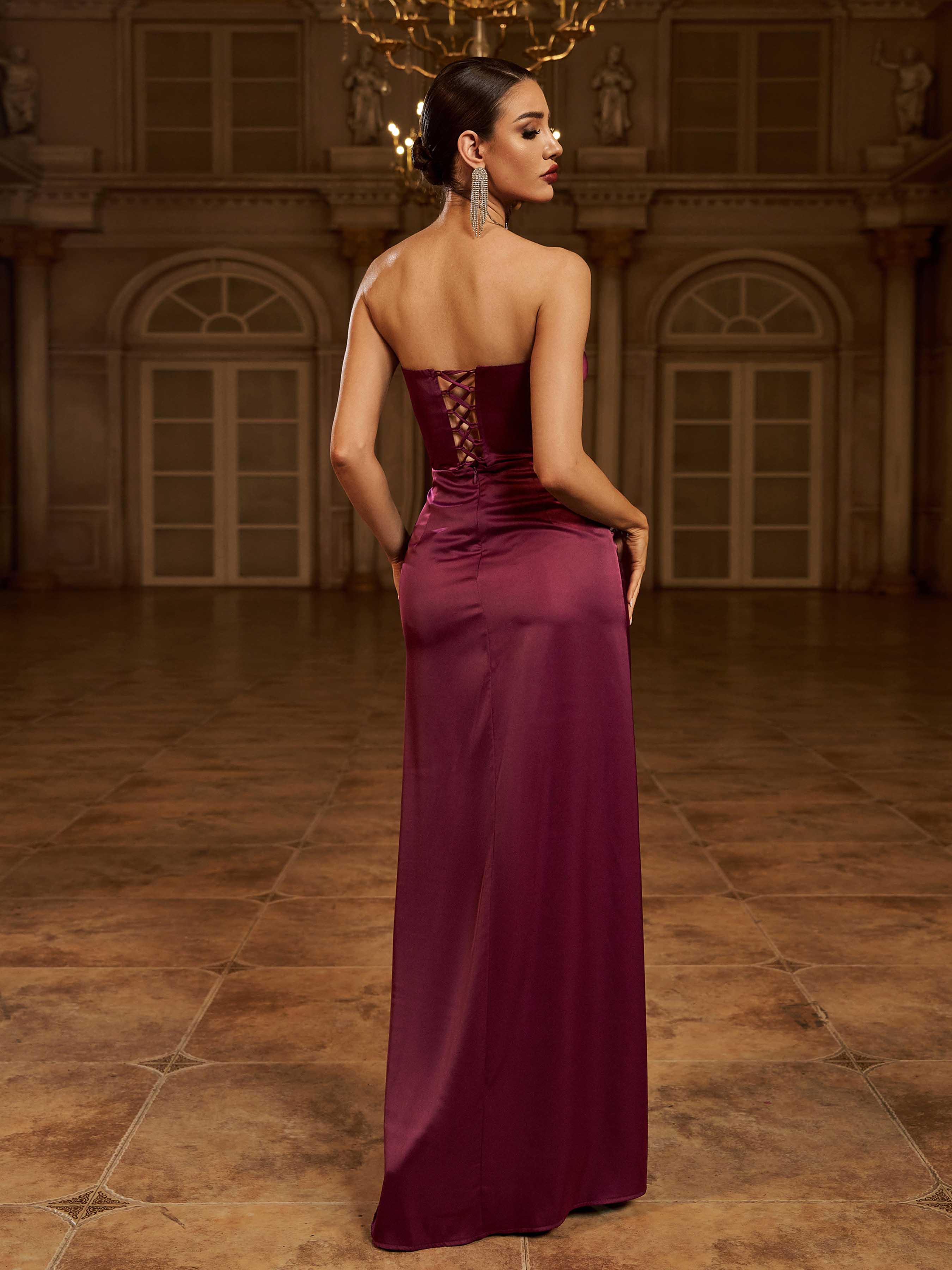 Purple Strapless Ruffled Split Cocktail Dress RX70356
