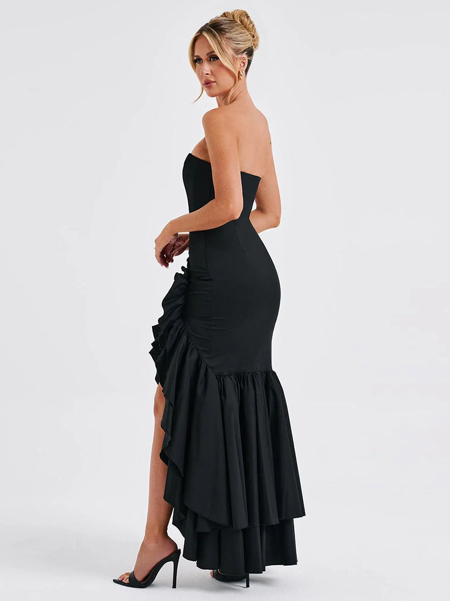 Wine Strapless Ruffled Asymmetrical Prom Dress XF05765