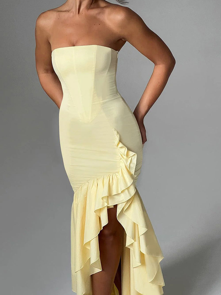 Wine Strapless Ruffled Asymmetrical Prom Dress XF05765