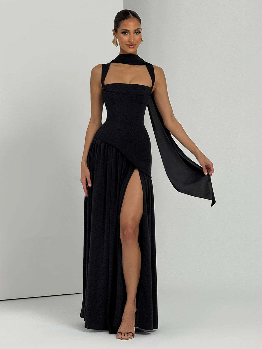Olive Green Asymmetric Waist High Slit Formal Dress XF251320