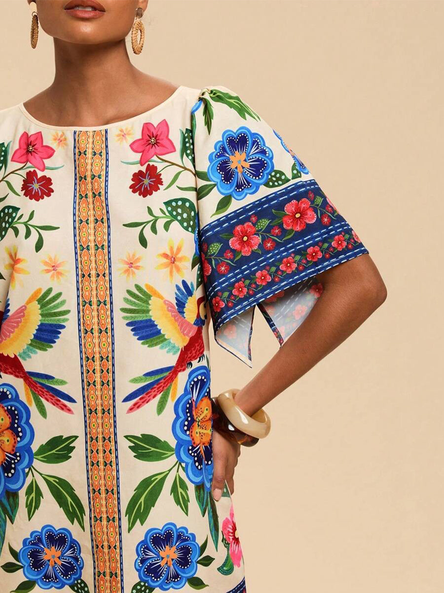 Tropical Print Short Sleeve Mini Vacation Dress YF25528