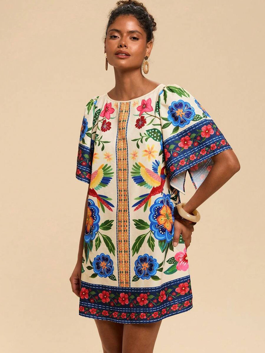 Tropical Print Short Sleeve Mini Vacation Dress YF25528