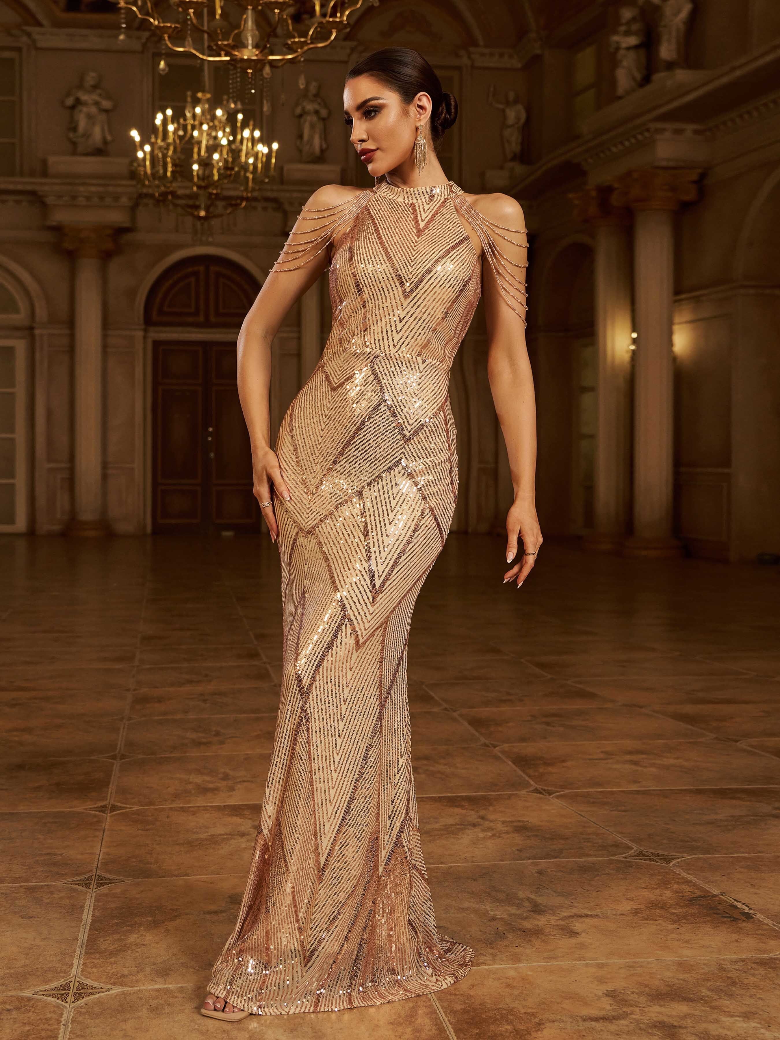 Cold Shoulder Beads Chain Cocktail Dress M01081