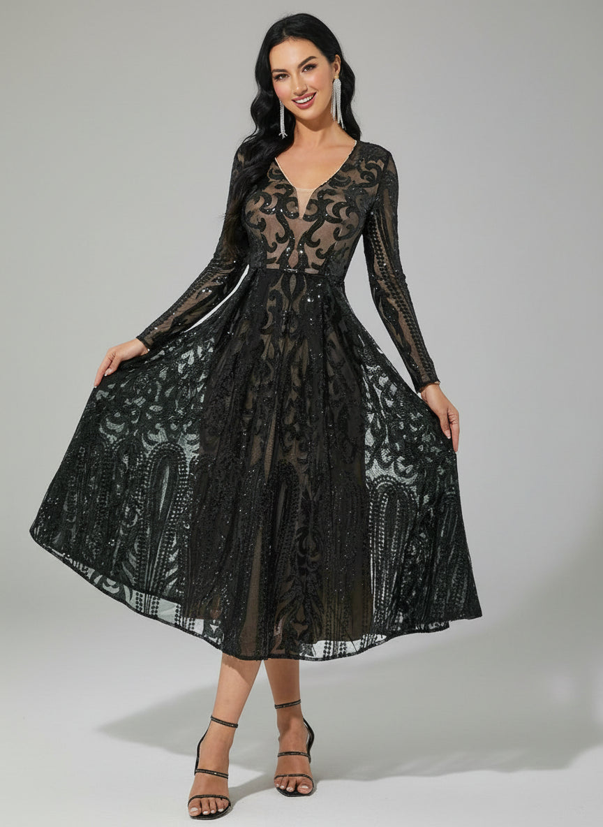 A-Line Tulle Black Midi Dress RJ10179