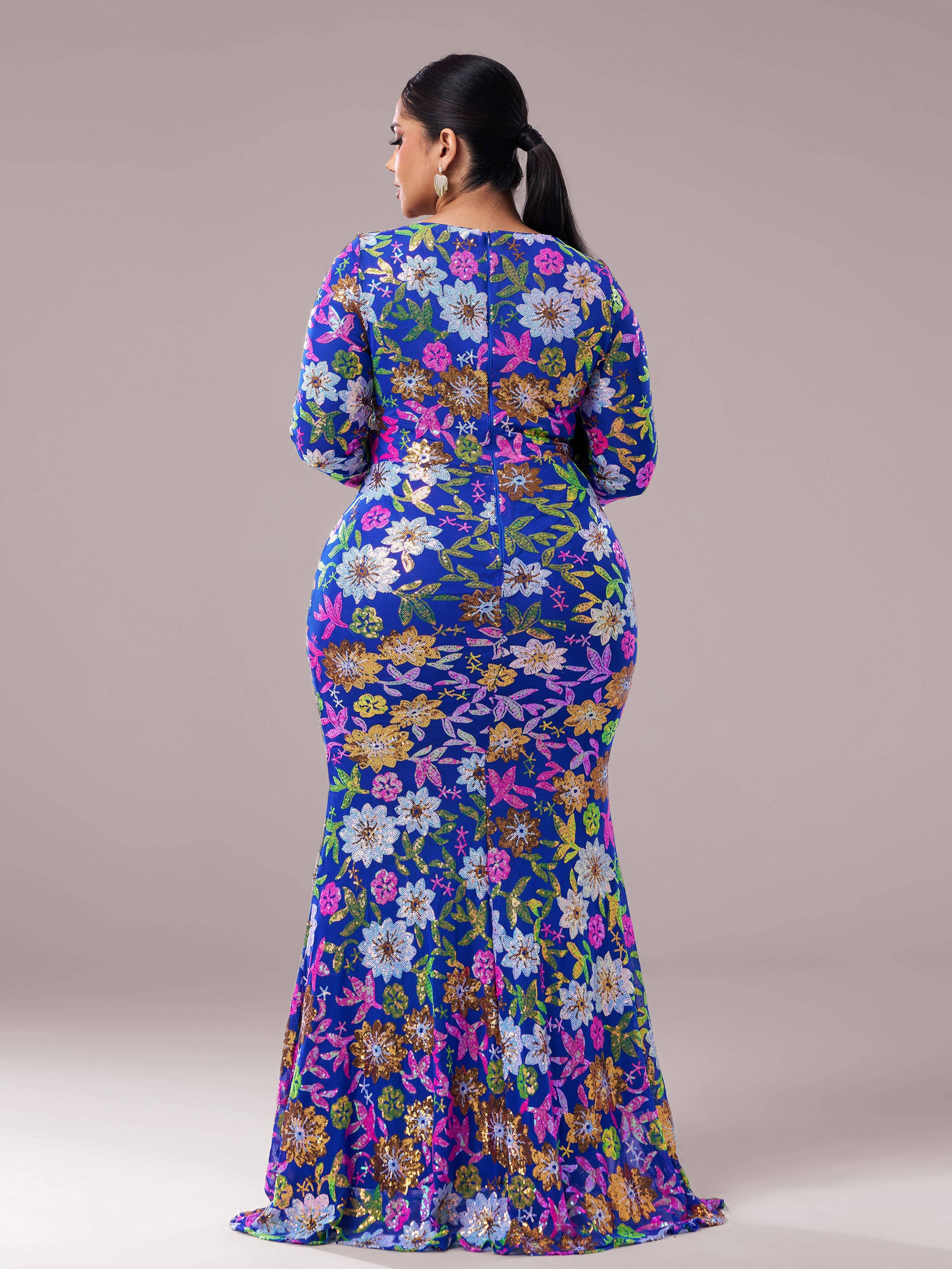 Plus Crew Neck Floral Sequin Dress PRJ10987