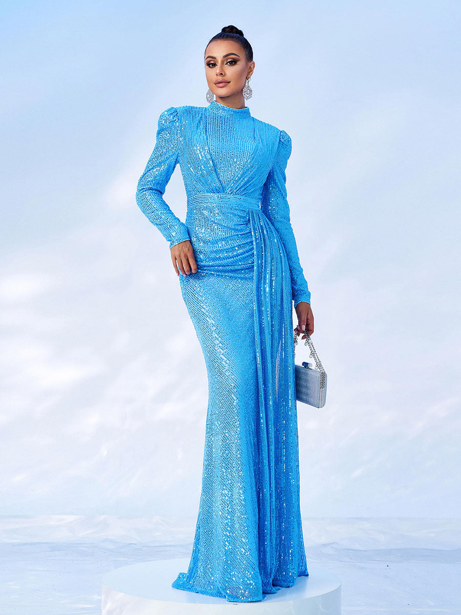High Neck Long Sleeve Draped Sequin Maxi Evening Dress RJ11834