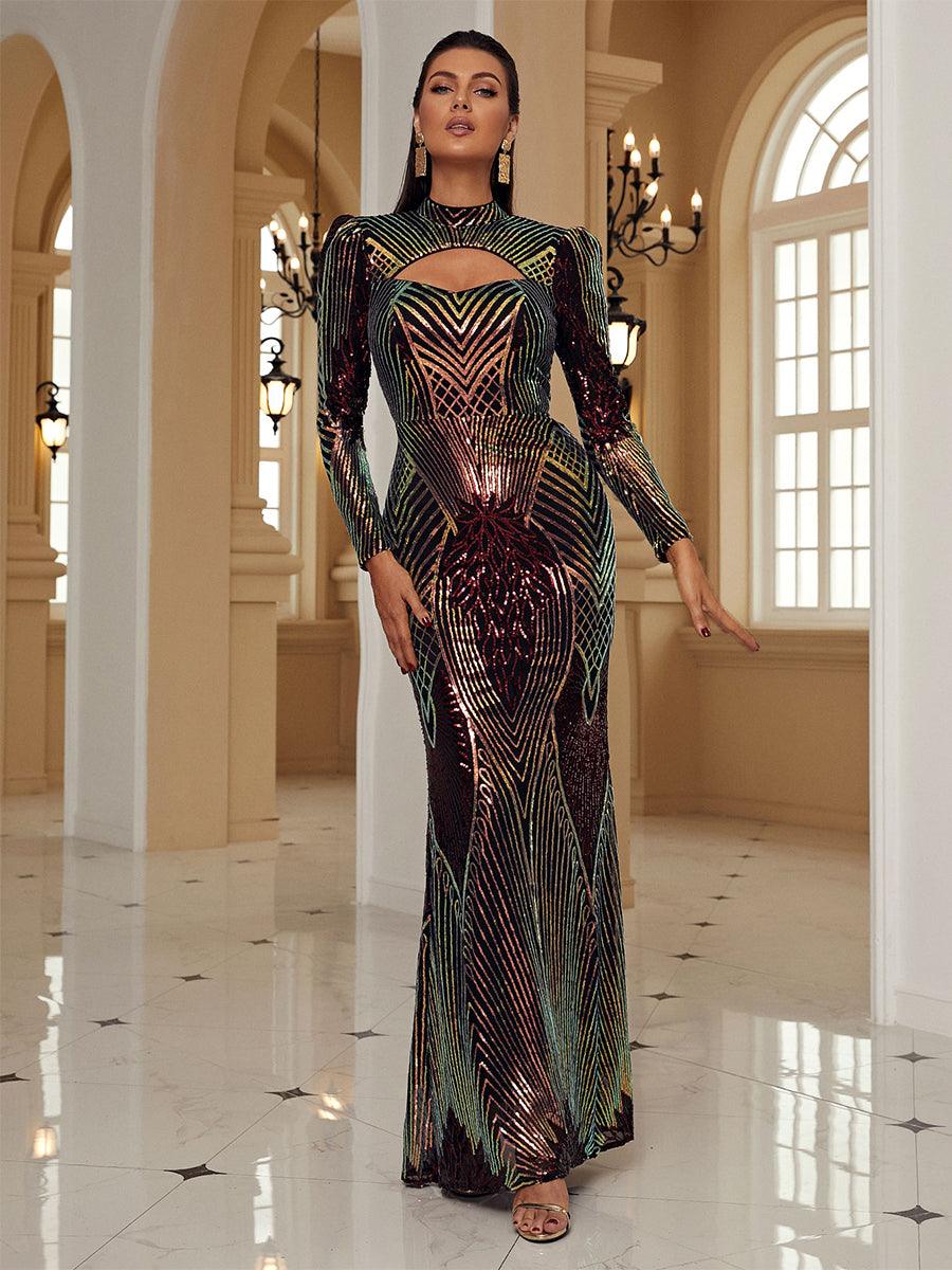 High Neck Cut Out Long Sleeve Sequin Mermaid Evening Dress XH2349