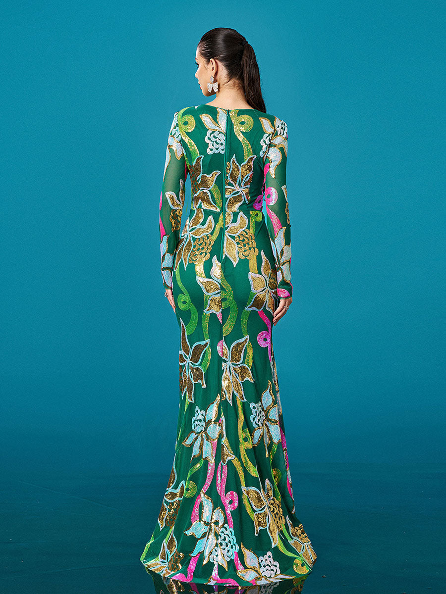 Long Sleeve Corset Cutout Floral Evening Dress DH80214
