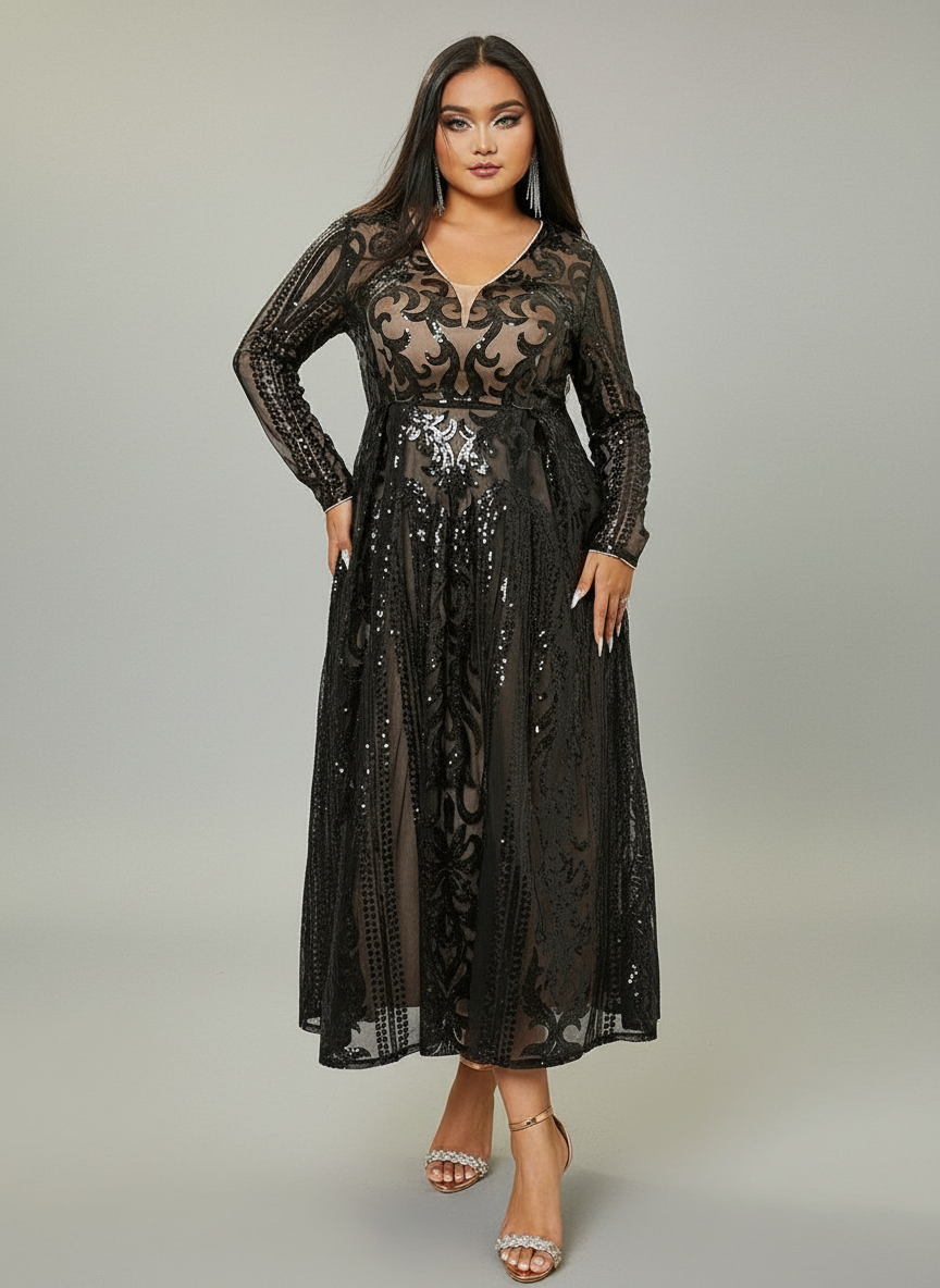 Plus V-neck Long Sleeve Sequin Dress PRJ10179