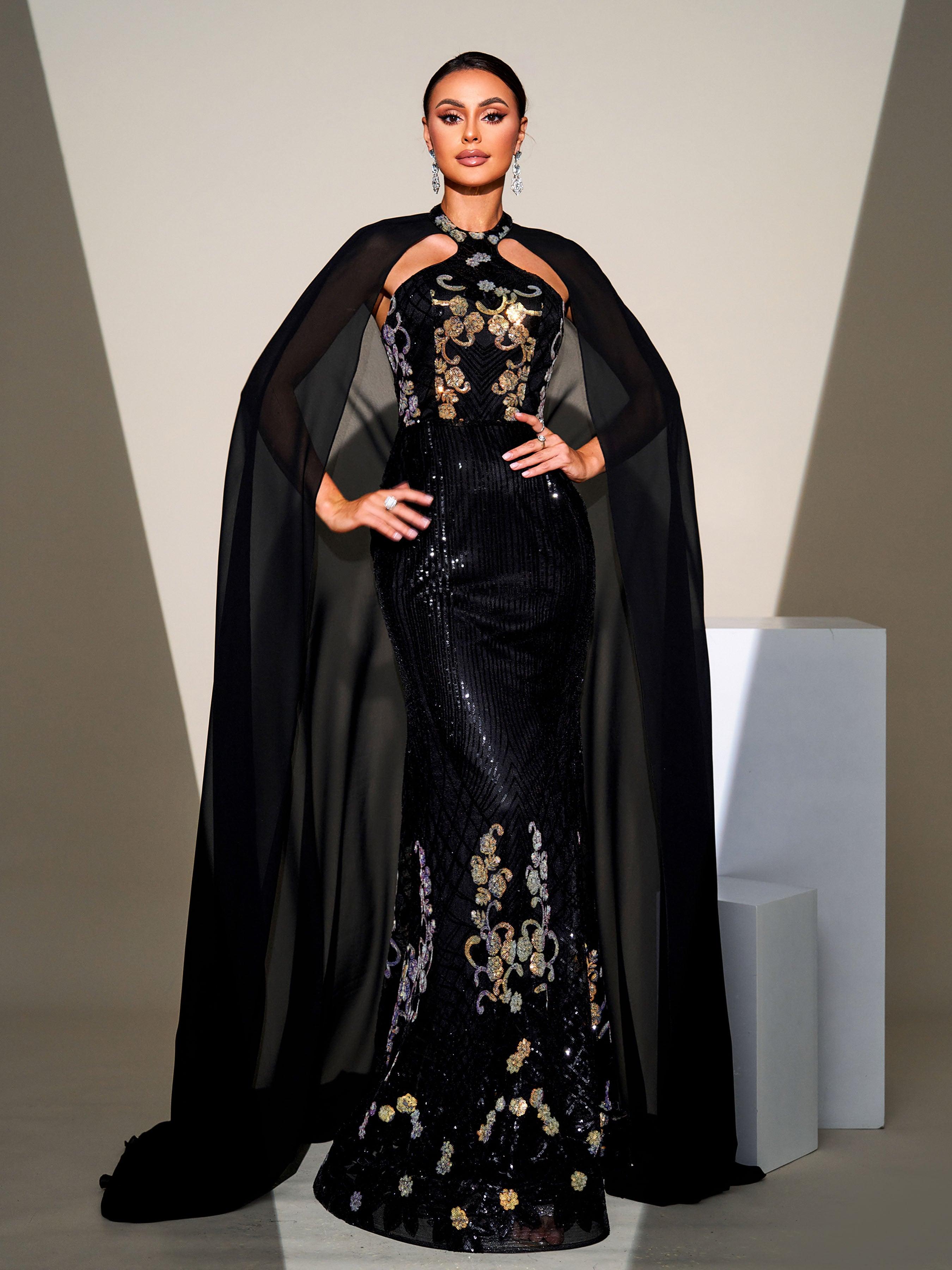 Cape Sleeve Mermaid Sequin Formal Dress DH80100