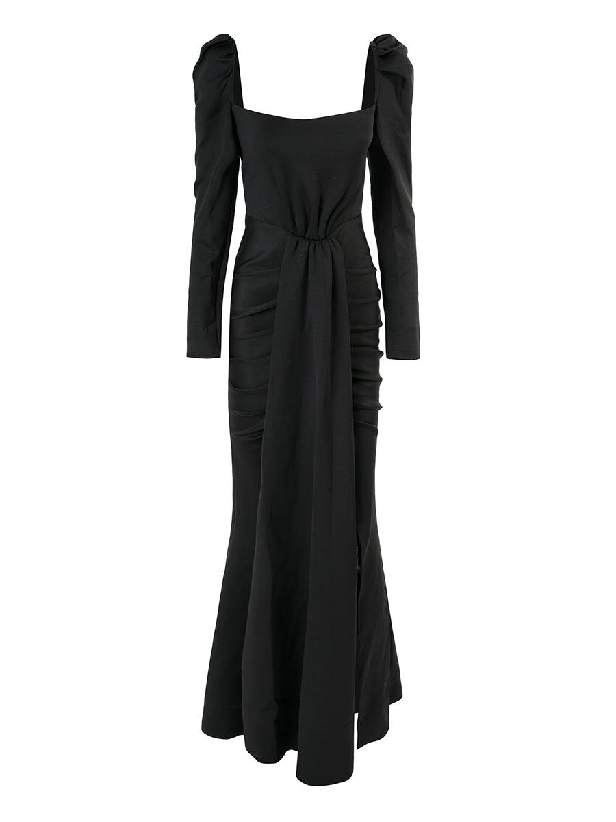 Puff Long Sleeve Split Black Mermaid Prom Dress XJ979