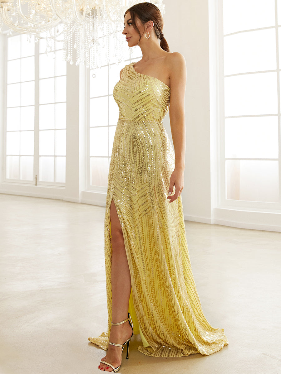 Yellow Sequin One Shoulder Prom Dress XJ1534