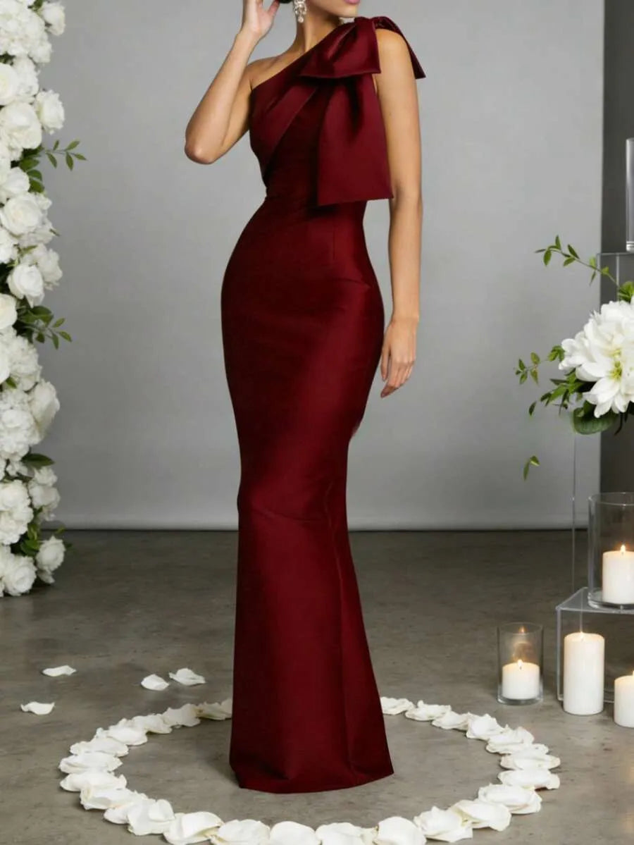 One Shoulder Bow Satin Mermaid Maxi Evening Dress