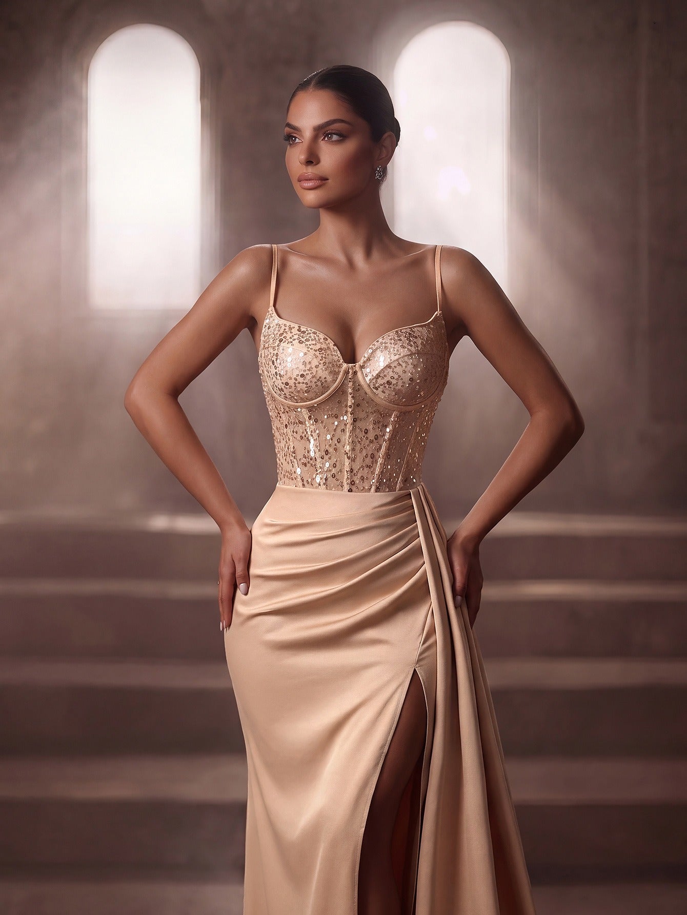 Beaded Corset Ruched Satin High Slit Prom Dress