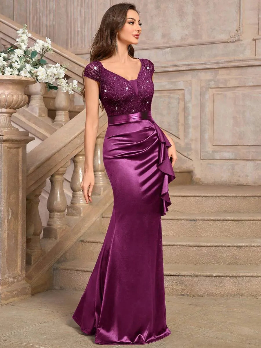 Sweetheart Sequin Lace Satin Mermaid High Slit Evening Dress