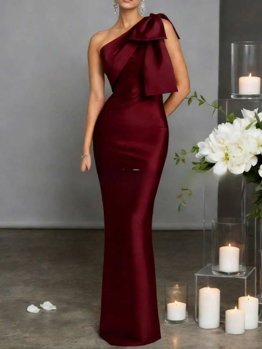 One Shoulder Bow Satin Mermaid Maxi Evening Dress