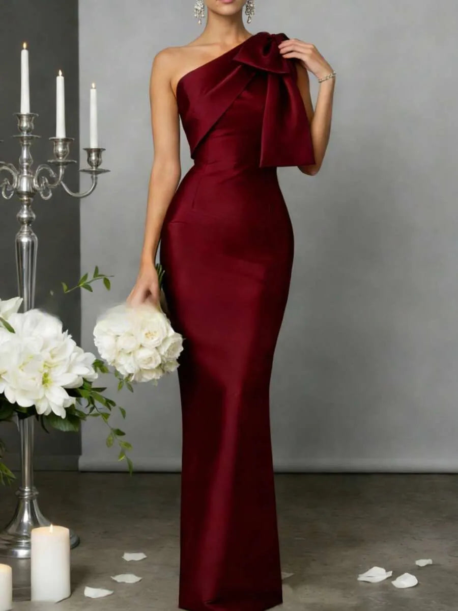 One Shoulder Bow Satin Mermaid Maxi Evening Dress